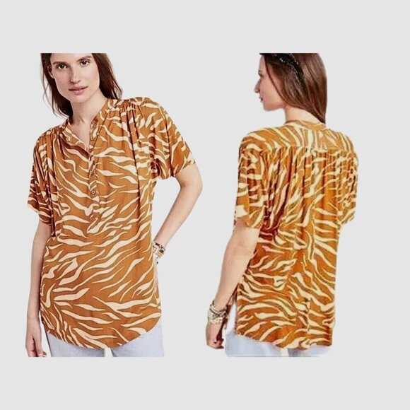 Anthropologie MAEVE Orange Zebra Striped Henley Short Sleeve Size S - Picture 1 of 7